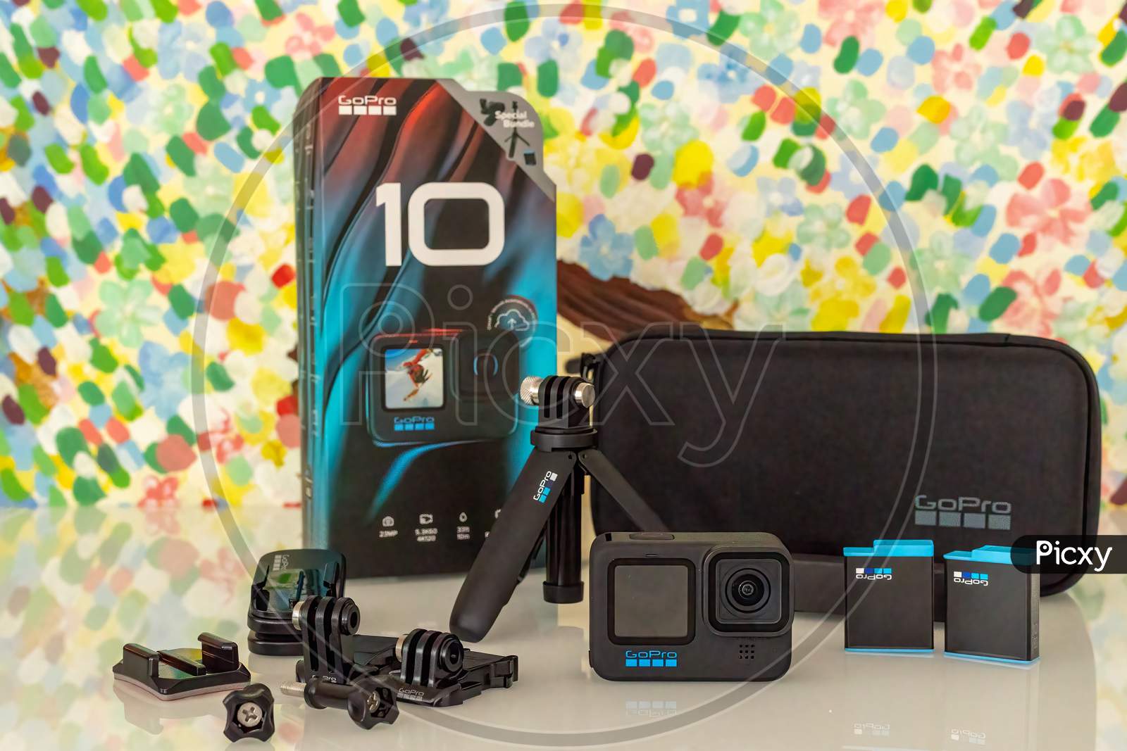 Frankfurt, Germany - 20th September 2021: A german photographer bought the all new GoPro Hero 10 action camera, unboxing the bundle with additional equipment.