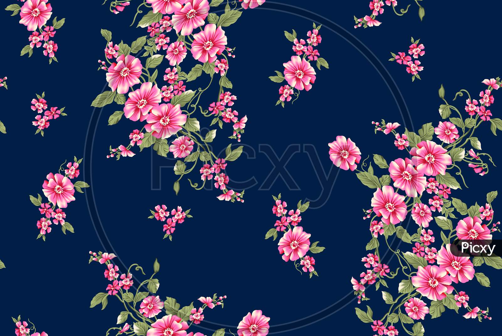 Seamless Bright Flower Allover Design With Navy Background