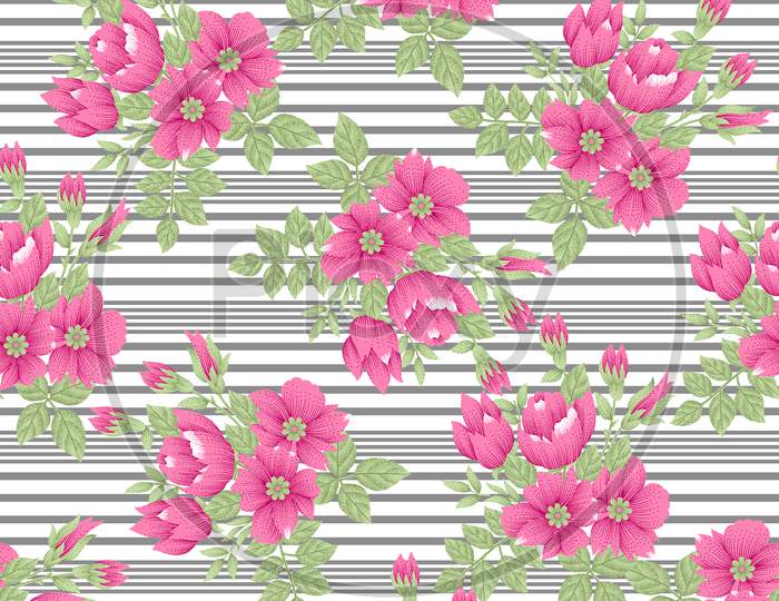 Seamless Bright Flower Allover Design With Stripe Background