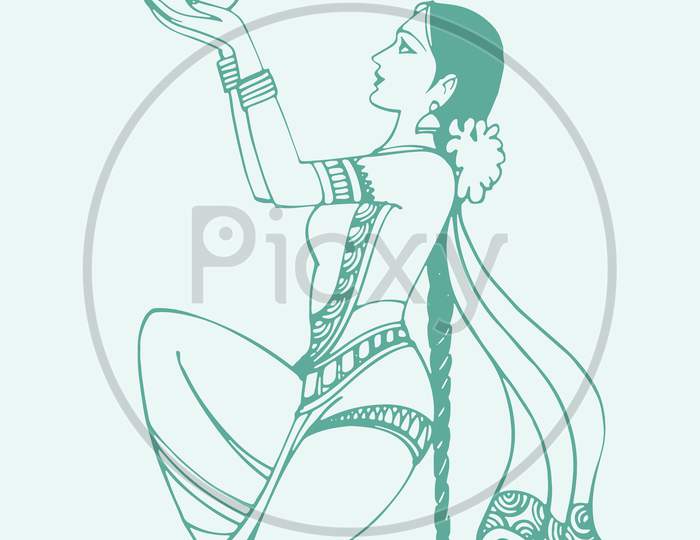 Sketch Of Indian Metal Traditional Oil Lamp Holding In A Hand By Lady Outline Editable Illustration
