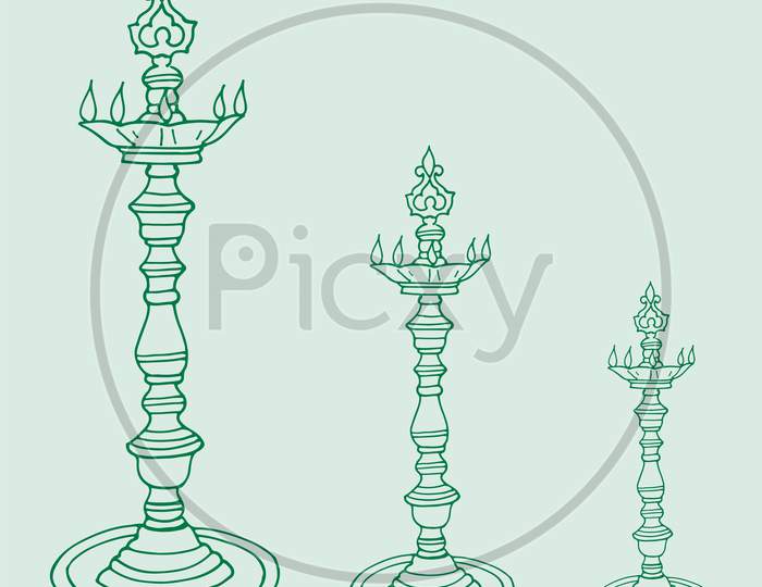 Sketch Of Indian Metal Traditional Oil Lamp Holding In A Hand By Lady Outline Editable Illustration