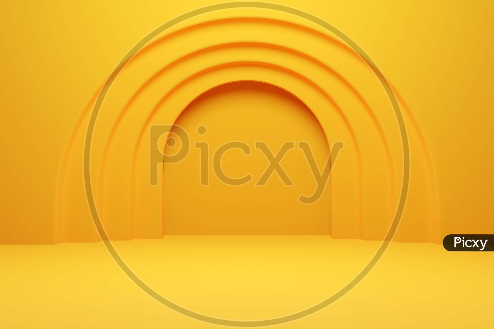 3D Illustration Of A  Yellow  Round Arch At The Back On A  Monocrome   Background. A Close-Up Of A Round Monocrome Pedestal.