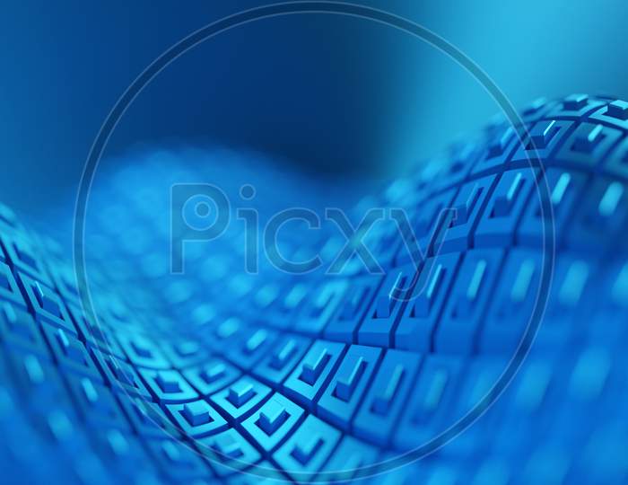 3D Illustration Of A Stereo Strip Of Different Colors. Geometric Stripes Similar To Waves. Abstract  Blue  Square Crossing Lines Pattern