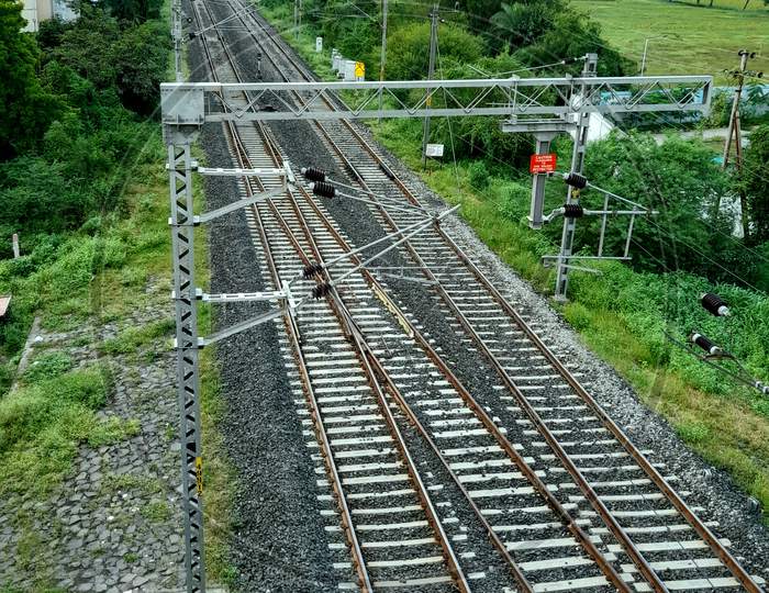 Rail tracks areal view vertical image