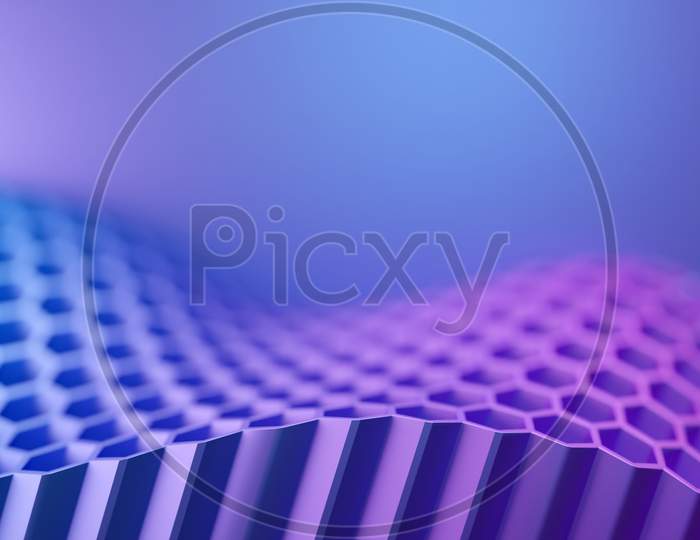 3D Illustration Of Geometric  Pink And Blue Hexagon  Wave Surface.  3D Illustration Of A Honeycomb Monochrome Honeycomb For Honey. Pattern Of Simple Geometric Hexagonal Shapes