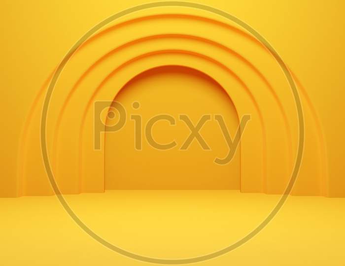 3D Illustration Of A  Yellow  Round Arch At The Back On A  Monocrome   Background. A Close-Up Of A Round Monocrome Pedestal.