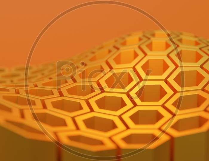 3D Illustration Of Geometric Hexagon  Wave Surface.  3D Illustration Of A Yellow Honeycomb Monochrome Honeycomb For Honey. Pattern Of Simple Geometric Hexagonal Shapes