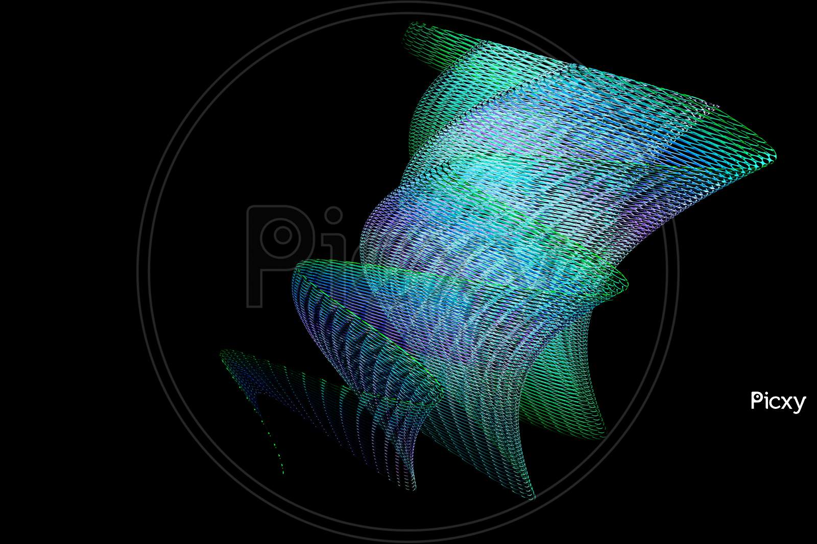 3D Illustration Of A Blue And Green Shape, Consisting Of A Large Number Of  Line  . Futuristic Shape, Abstract Modeling.