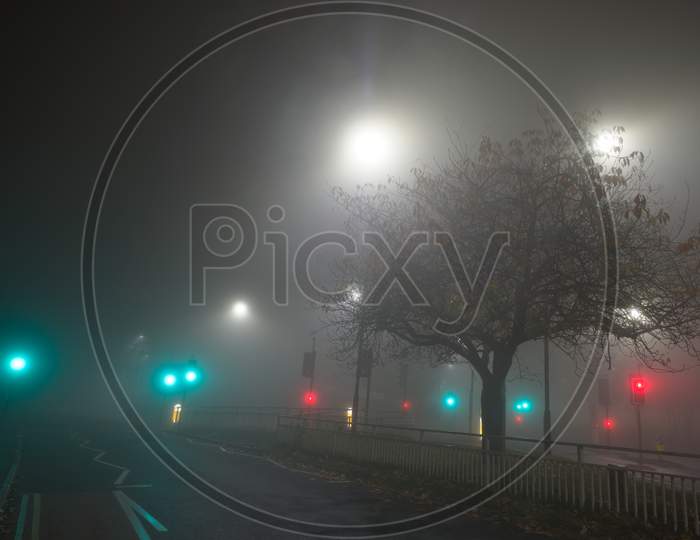 Junction Of Clarkehouse Road, B6069, To Glossop Road, B6547, At Night With Fog.