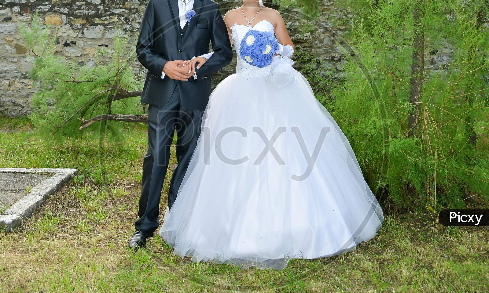 Outdoor Portrait Of Bride And Groom. The Bride Is Holding A Blue Flower Bouquet