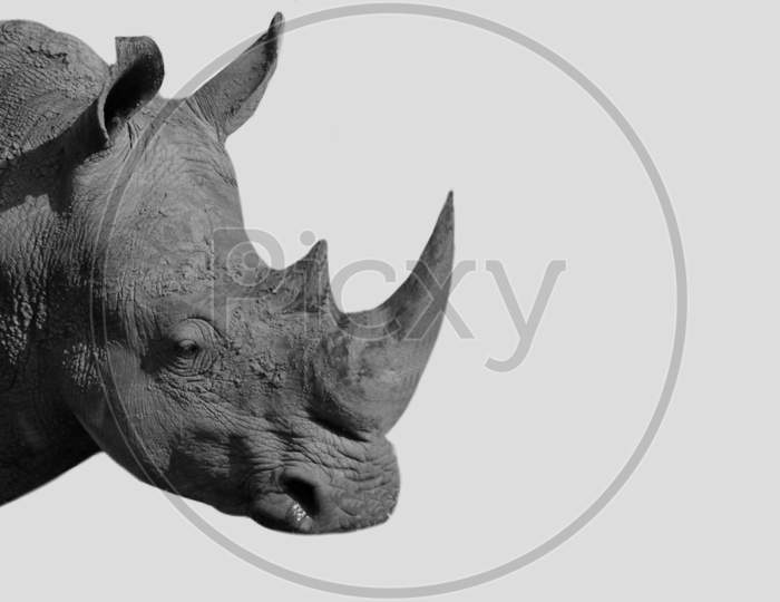 Big Horn Rhinoceros Closeup Face In The White Background