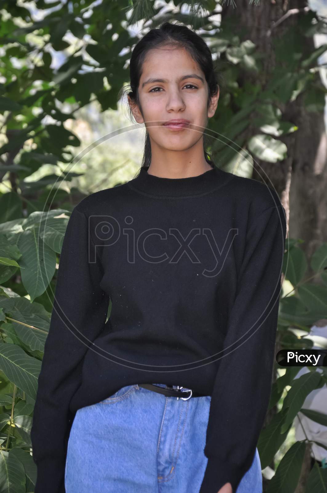 Portrait of a lovely young girl wearing casual clothes standing against leafy tree with looking at camera