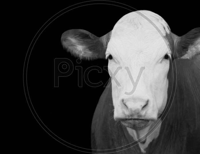 Portrait Cow Closeup Face In The Black Background