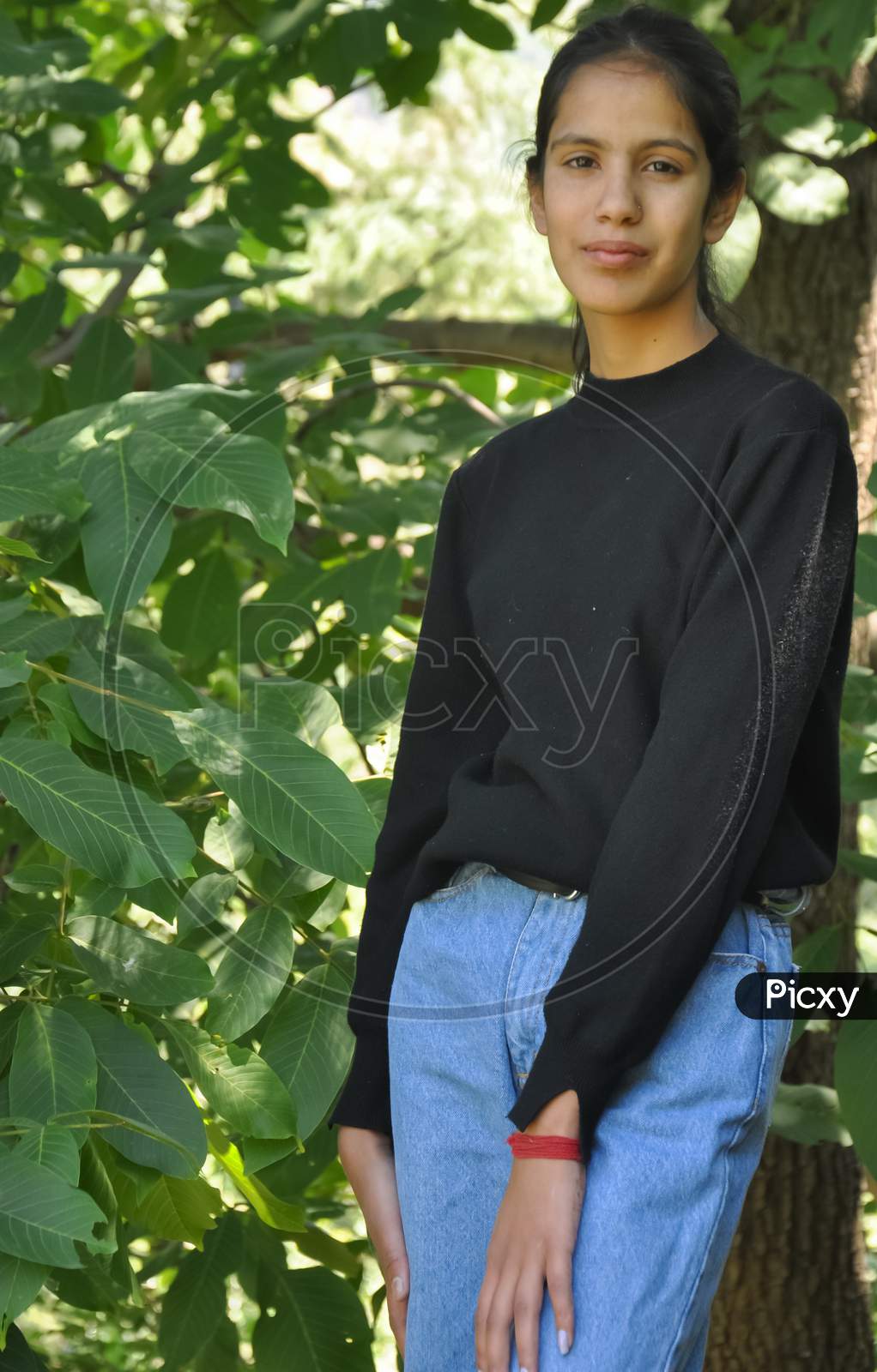 Portrait of a lovely young girl wearing casual clothes standing against leafy tree with looking at camera