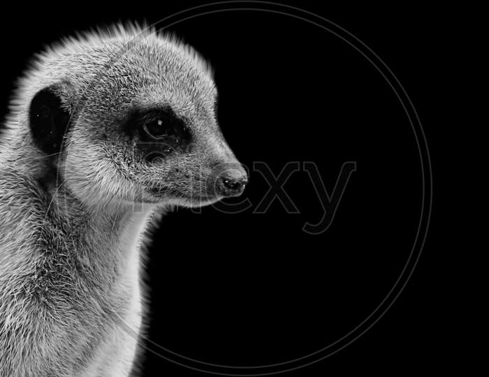 Cute Meerkat Closeup Face In The Black Background