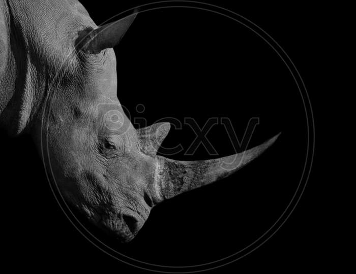 Dangerous Big Horn Rhino In The Black Background