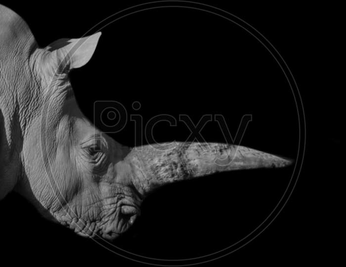 Heavy Black Rhino Closeup Face With Big Horn