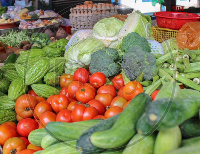 Small Stalls Selling Vegetables And Fruits In The Market