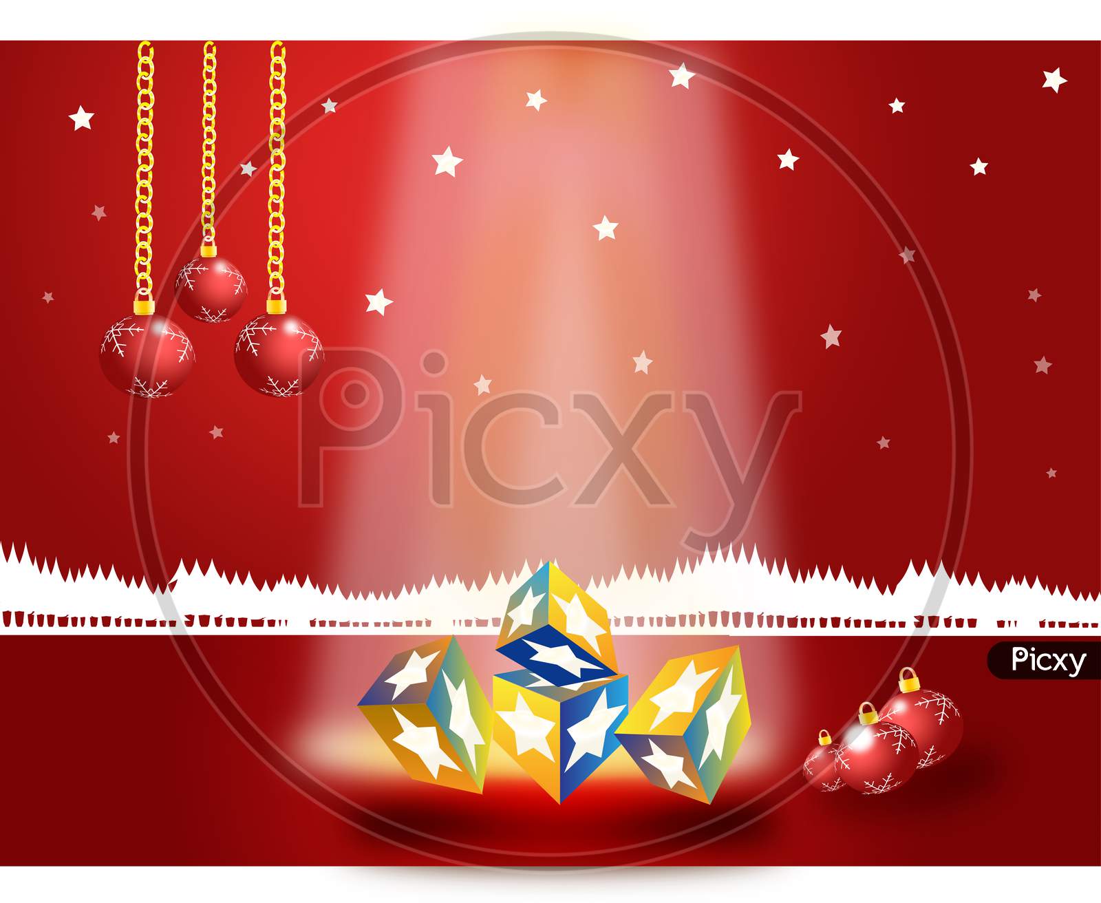 Christmas background with tree and ornaments with the ray of light coming from the heaven to give gifts.
