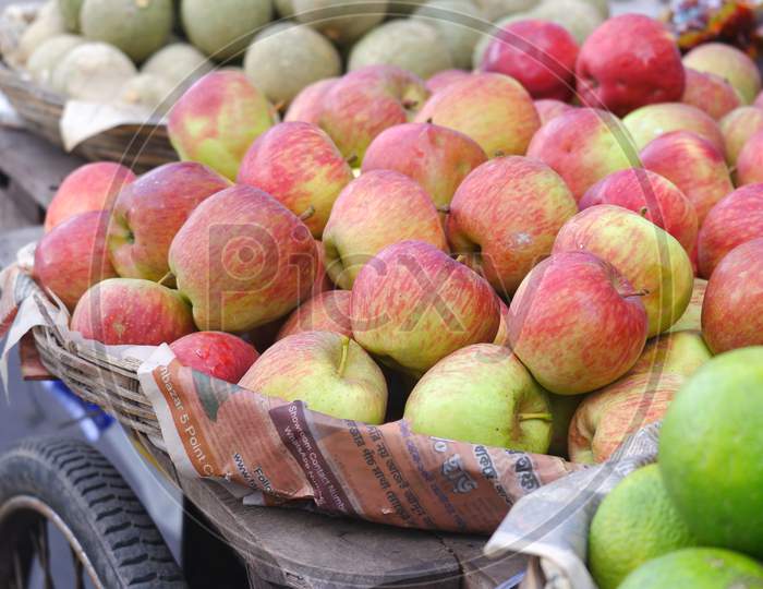 Close Image Of Fresh Red Apple Being Sold On Road In India.