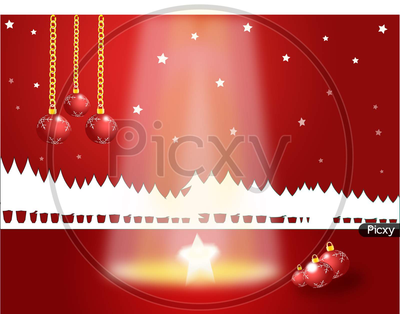 Christmas background with tree and ornaments with the ray of light coming from the heaven to give gifts.