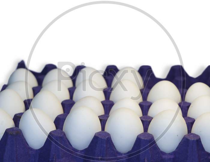 White Chicken Eggs In Blue Tray. Selective Focus