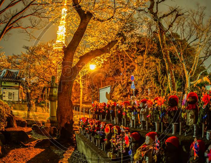 Tokyo Tower And Cherry Blossoms And Jizo