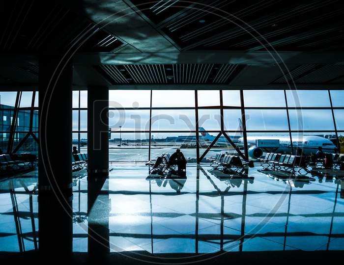 Waiting Room And The Silhouette Of The Beijing International Airport