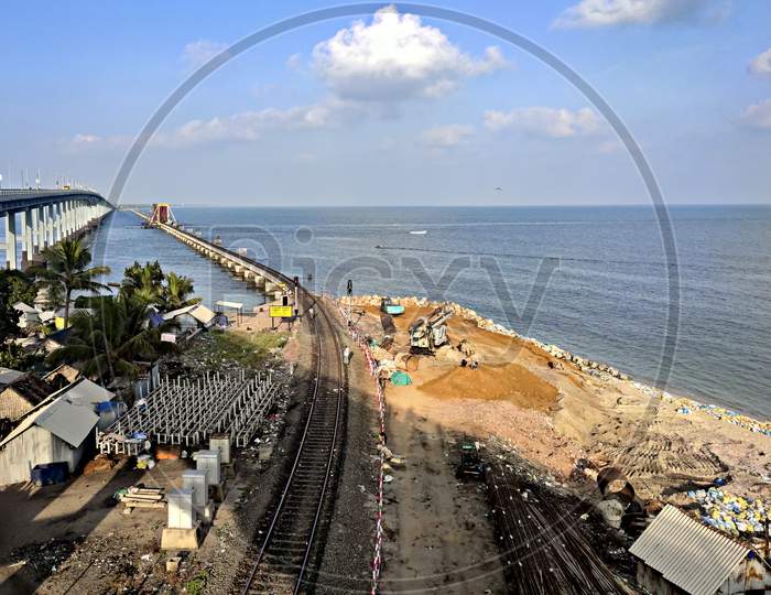 Rameswaram, Tamil Nadu , India-January 29th, 2020: New railway bridge work in progress to replace more than 100 years old Pamban railway bridge.