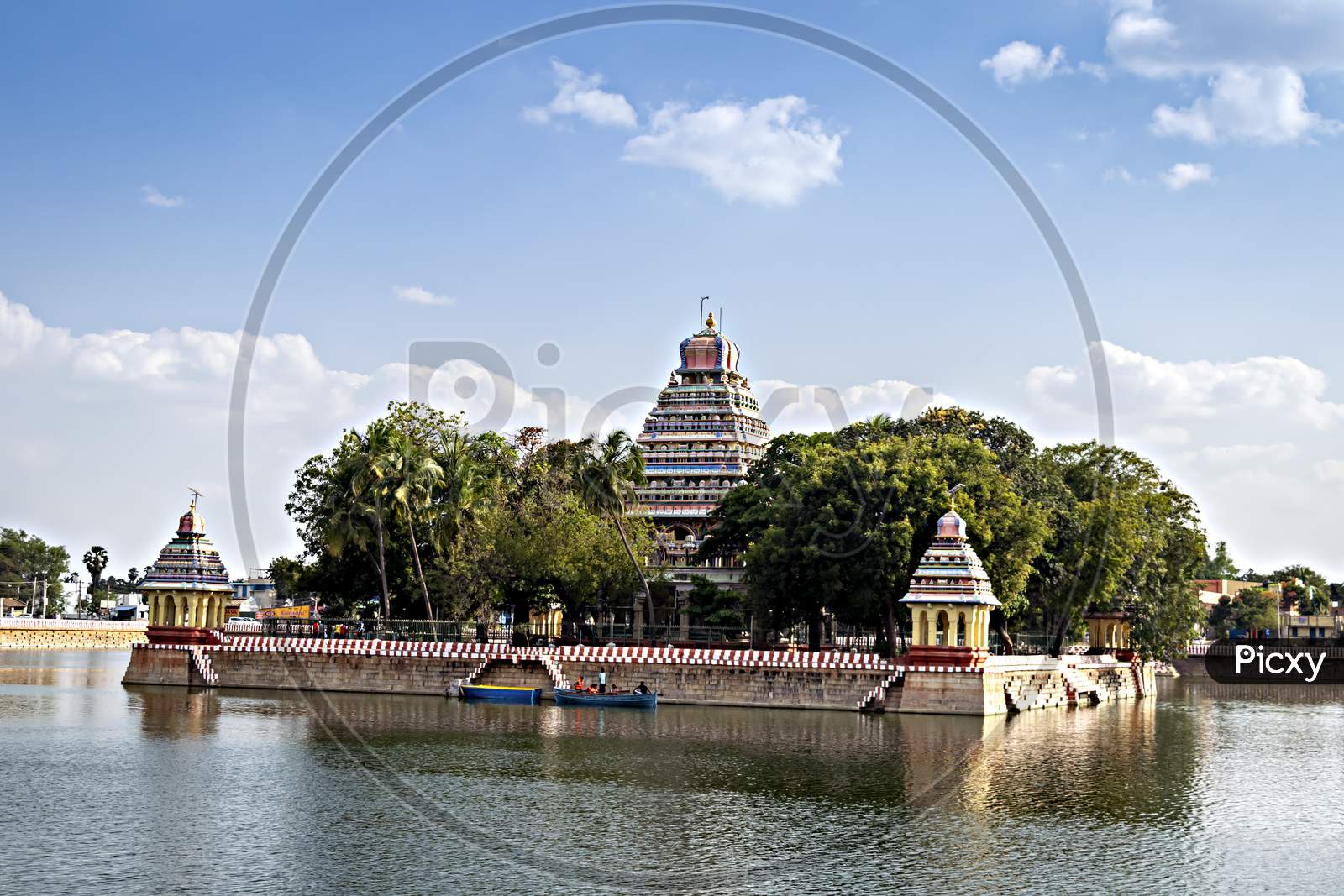 Vandiyur Mariamman temple located inside a lake in Madurai, India.