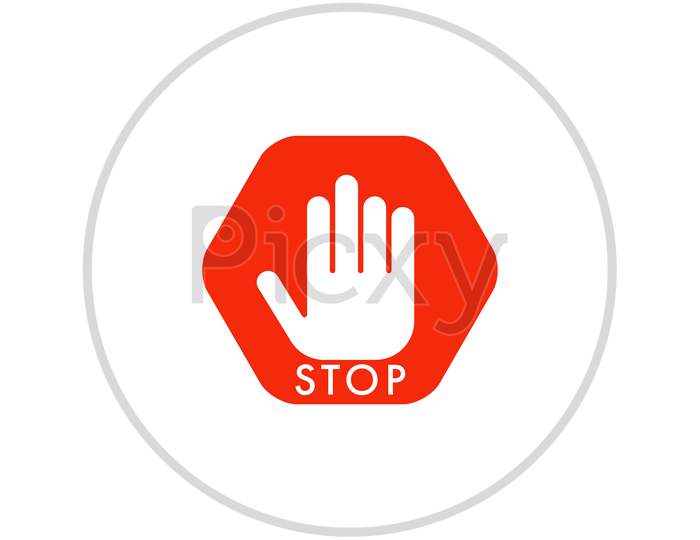 Simple Red Stop Roadsign With Big Hand Symbol Or Icon Vector Illustration.