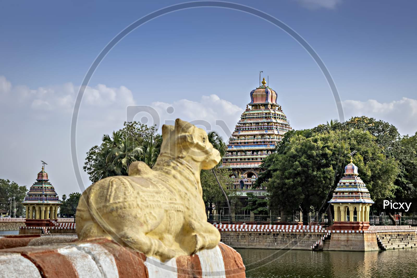 Vandiyur Mariamman Temple With Nandi In Front Located Inside A Lake In Madurai, India.