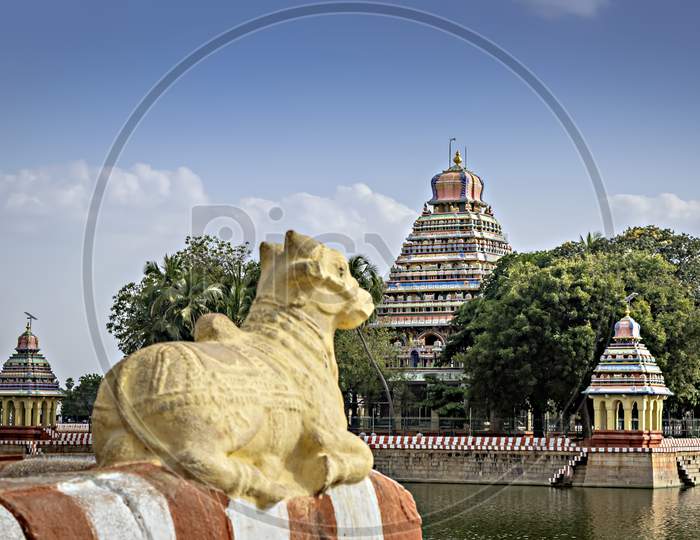 Vandiyur Mariamman Temple With Nandi In Front Located Inside A Lake In Madurai, India.