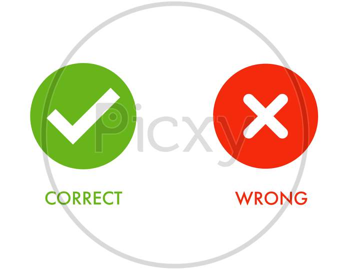 Green Tick Symbol And Red Cross Sign In Circle. Icons For Evaluation Quiz. Correct And Wrong Symbol.