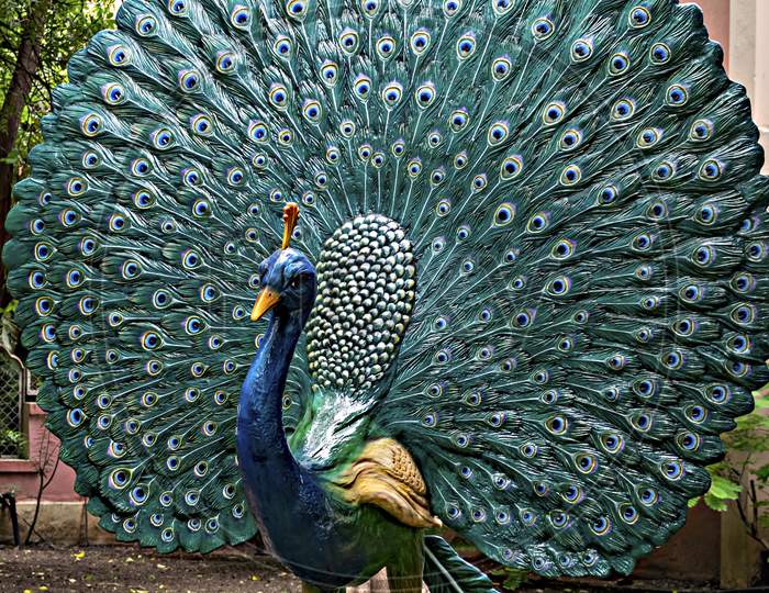 Shegaon, India - September 21st, 2018: Clay made real size sculpture of a peacock displayed in Anand vihar in Shegaon.