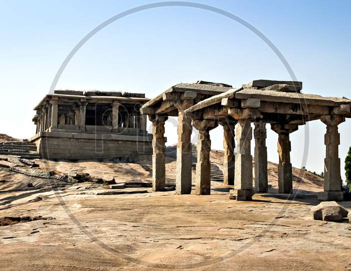 Ancient Stone Temple In Solid Rocks On Hill In Hampi, Karnataka, India.