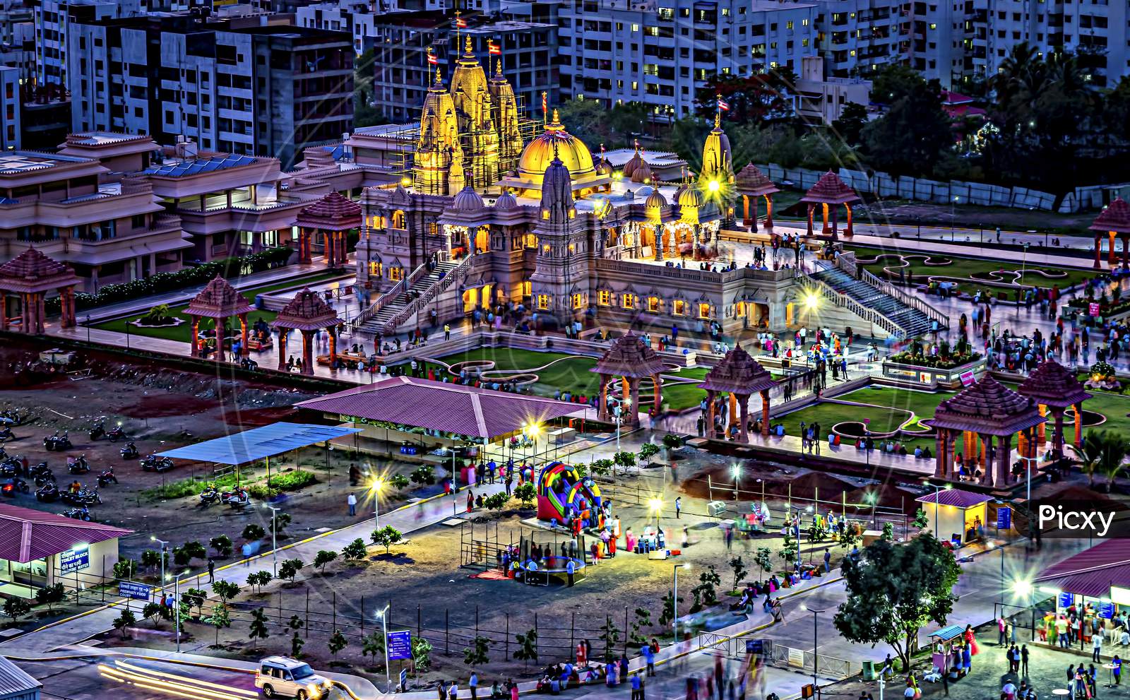 Shree Swaminarayan Temple With Beautiful Night Lighting In Pune, India .