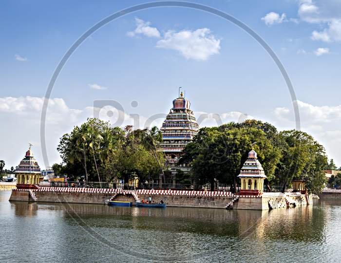 Vandiyur Mariamman temple located inside a lake in Madurai, India.
