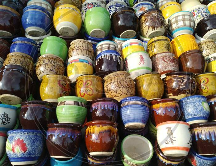 Various Painted Ceramic Pots For Sale At A Street Near Kolkata