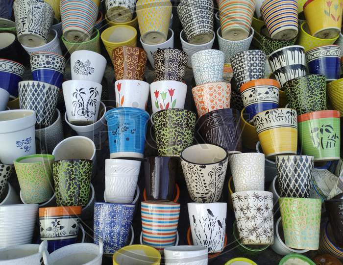 Closeup Photo Of Various Colorful Painted Ceramic Pots For Sale At A Street Near Kolkata,Tub For Indoor Plant