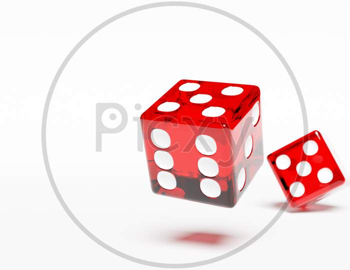 3D Illustration Closeup Of A Pair Of Red Dices Over White Background. Red Dice In Flight. Casino Gambling.