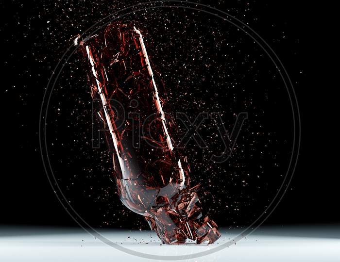 3D Render Of A Broken Brown Beer A Bottle With Many Fragments Flying In Different Directions   On A Black Background.