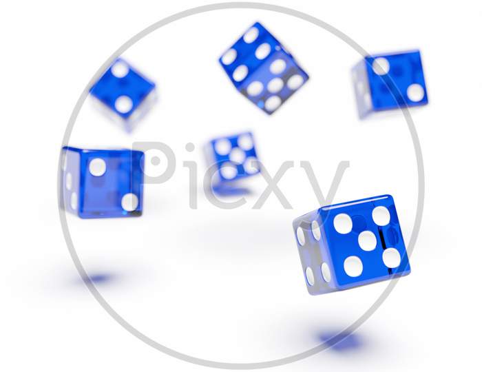 Blue Dice  Fly On White Background . Two Dice Casino Game Template Concept. Casino Background.