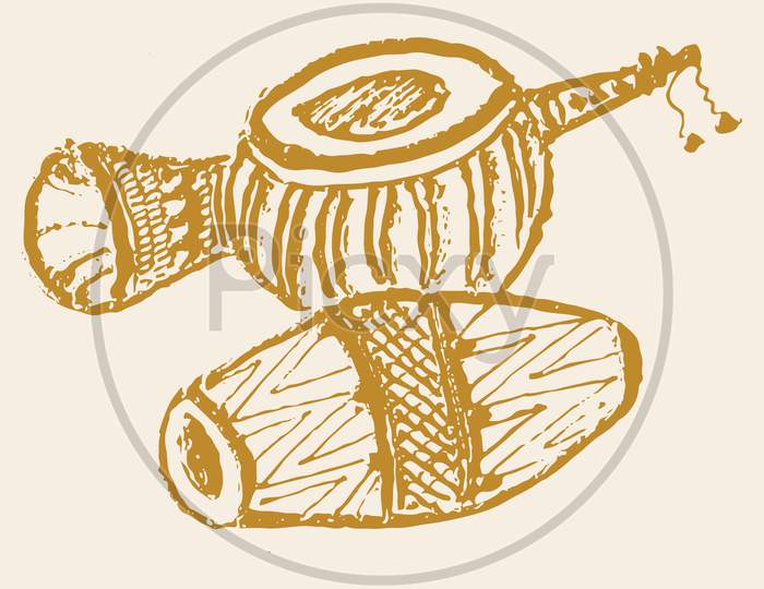 Sketch Of Indian Traditional Music Instruments Shehnai, Dol, Tabla Editable Outline Illustration