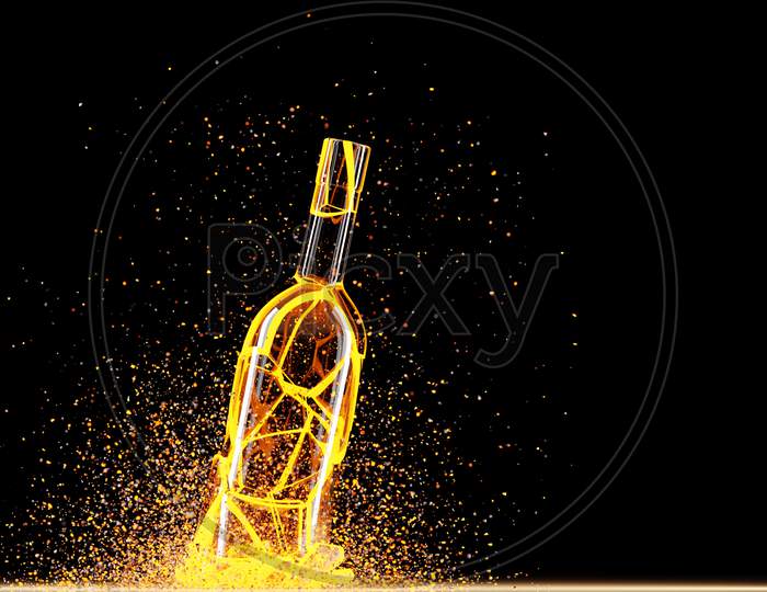 3D Render Of A Broken  Yellow Lighting Wine A Bottle With Many Fragments Flying In Different Directions   On A Black Background.