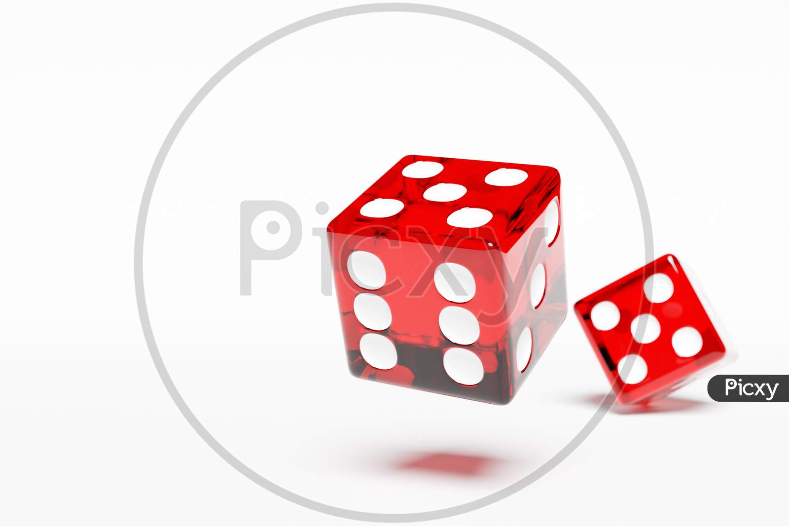 3D Illustration Closeup Of A Pair Of Red Dices Over White Background. Red Dice In Flight. Casino Gambling.