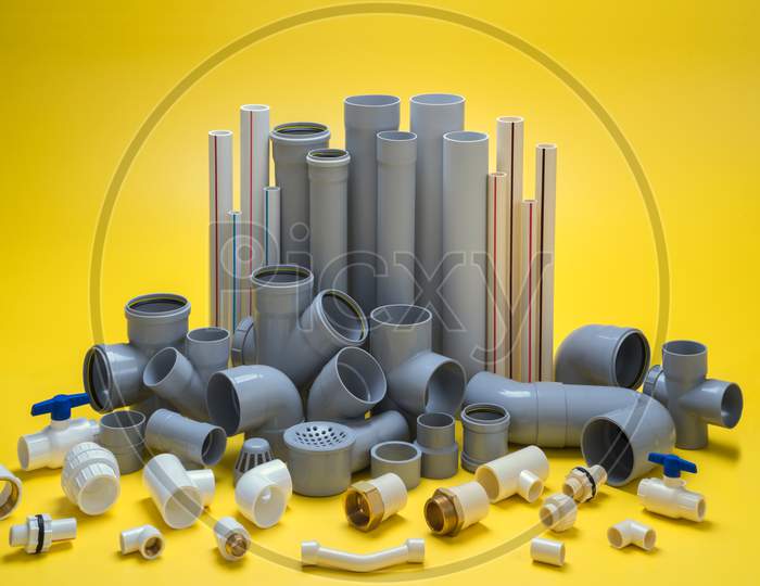 UPVC  CPVC Fittings for polypropylene pipes. Elements for pipelines. plastic piping elements. They are designed for connecting pipes. Concept sale of polypropylene fittings.