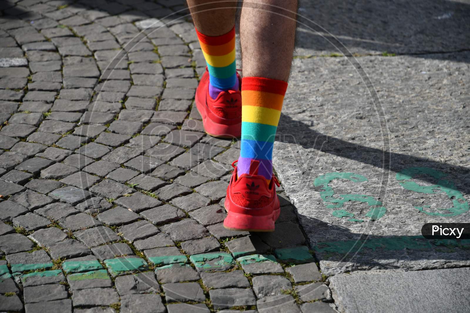Zurich, Switzerland, September 4, 2021 Rainbow Colored Socks At A Demonstration In The City Center