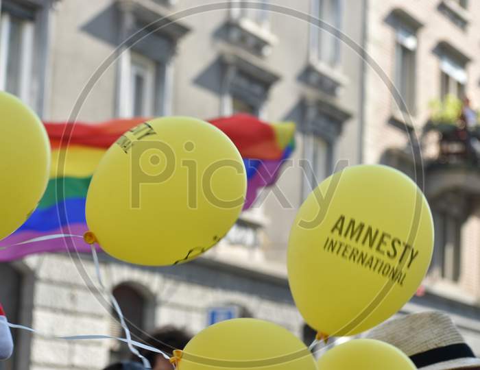 Zurich, Switzerland, September 4, 2021 Amnesty International Balloon At A Gay Pride Demo