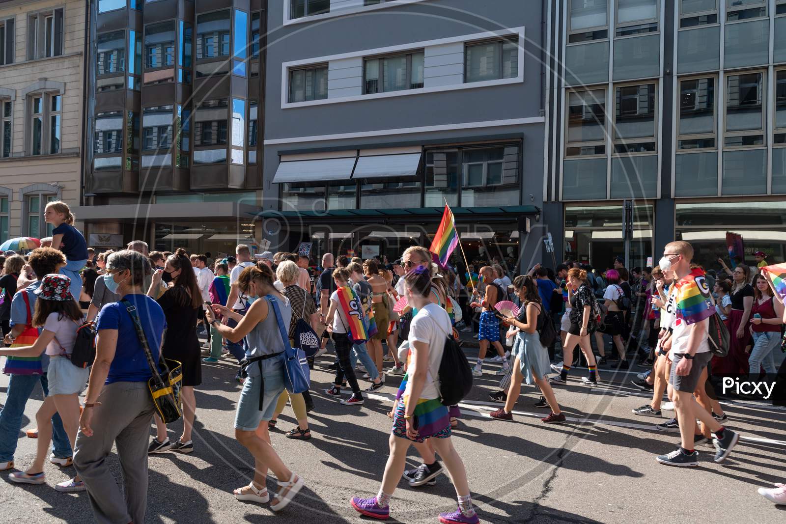 Zurich, Switzerland, September 4, 2021 People At The Gay Pride Demonstration Are Walking Through The City Center